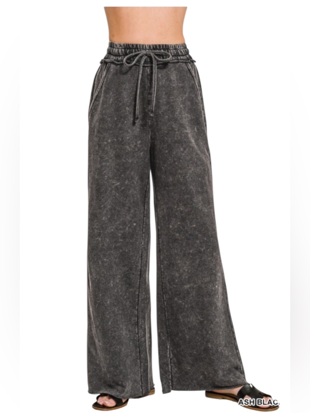 Zenana Black Wash Cotton French Terry Wide Leg Pants - Picture 8 of 8